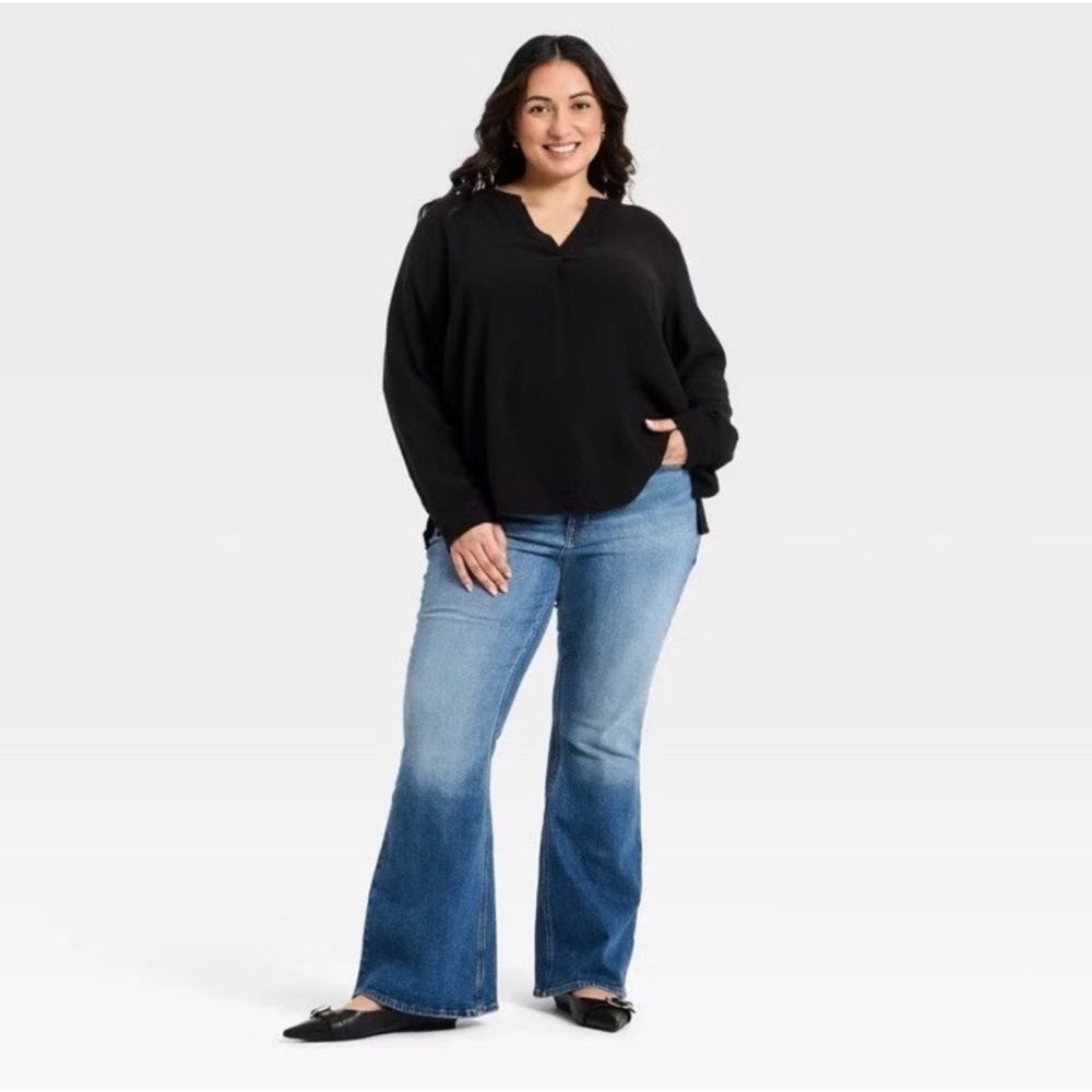 NWT Women Long Sleeve Popover Blouse - Ava & Viv Black 1X